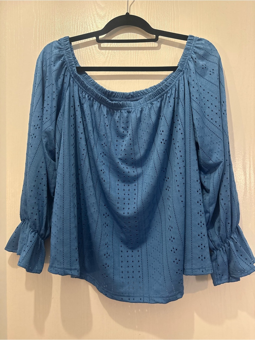 SHEIN Blue Eyelet Peasant Off-Shoulder Blouse
